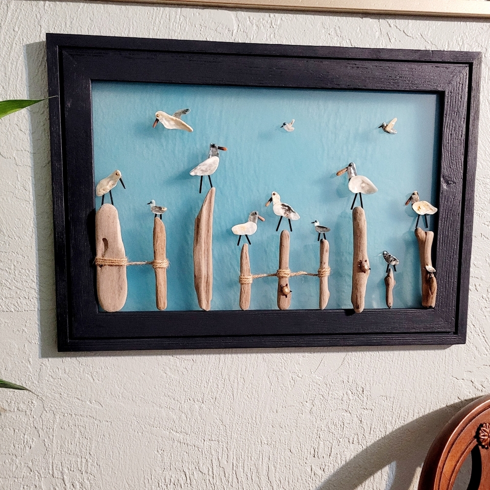 ONE OF A KIND 14.5" x 20.5" COASTAL BIRDS & SEA TURTLES PERCHED ON DRIFTWOOD WIT